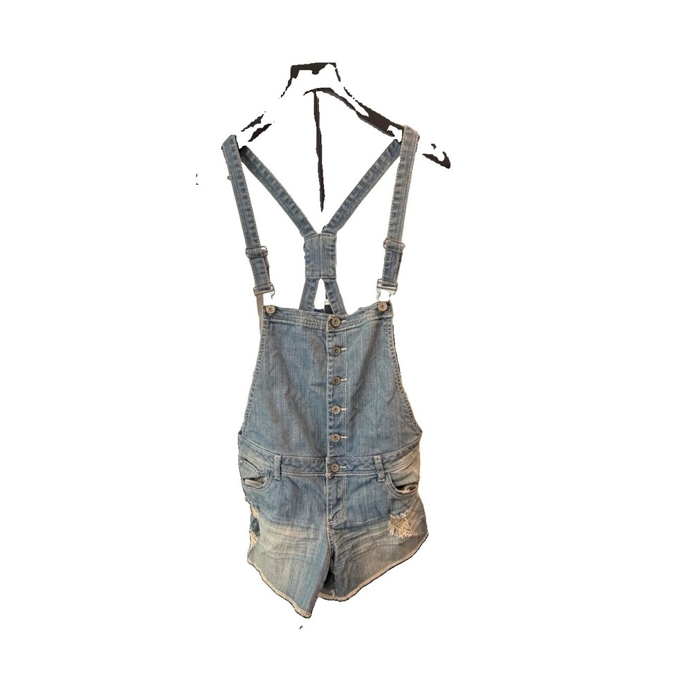 Almost Famous Womens Denim Short Overalls Distressed Frayed Jean Shortalls Y2K